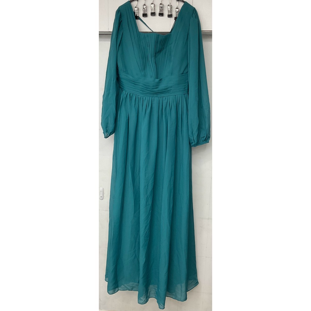 Long Sleeve Bridesmaid Dress Pocket Chiffon Pleated Formal Evening Gown Teal 12